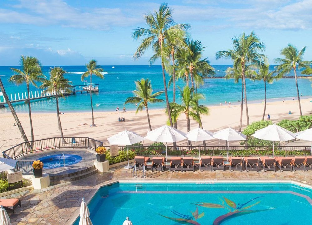 a view of a beach with palm trees and a swimming pool.