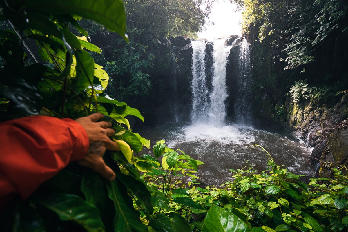a person standing in front of a waterfall