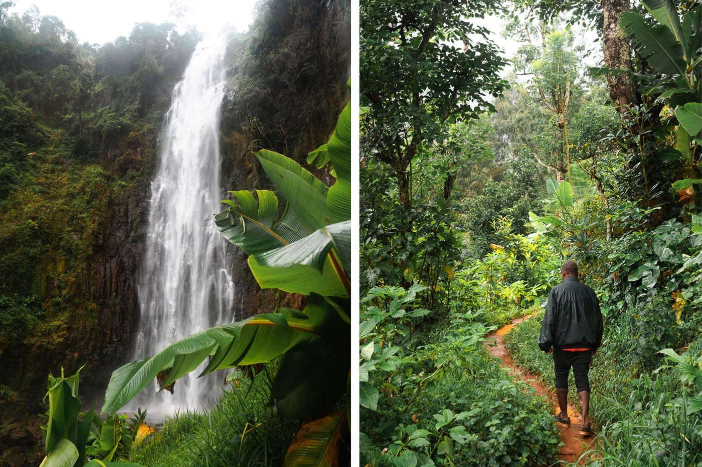 a man standing in front of a waterfall